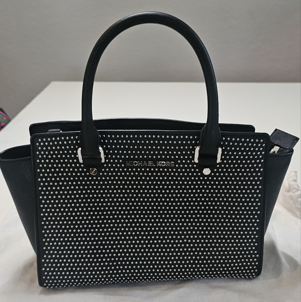 Michael Kors Black Satchel with Silver Accents With Matching Wallet